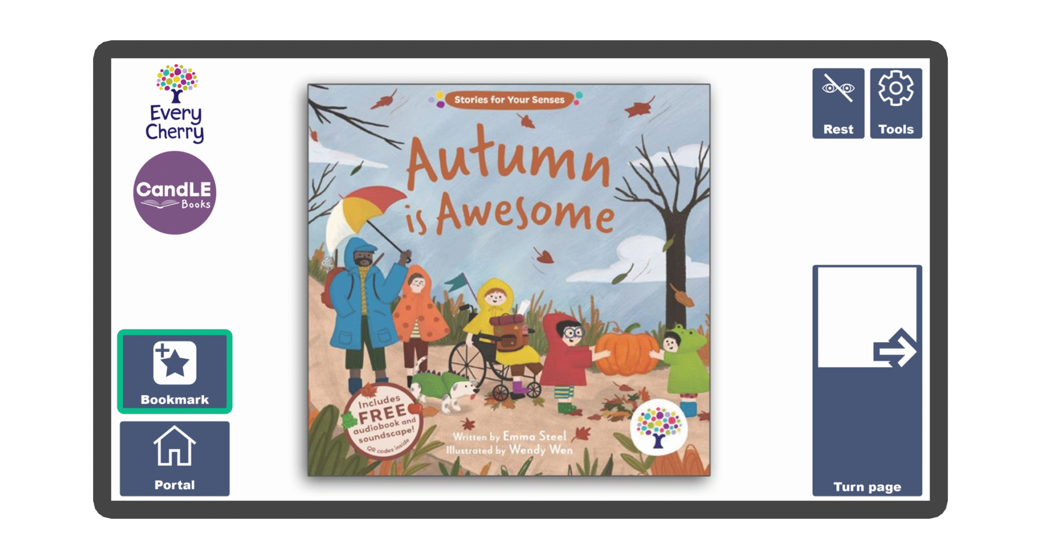 An image of a screen with the front cover of the book Autumn is Awesome in Candle Books software. Around the front cover there are large blue cells saying bookmark, portal, rest, and a large turn page button. The Every Cherry and Candle Books logos are in the top left corner.