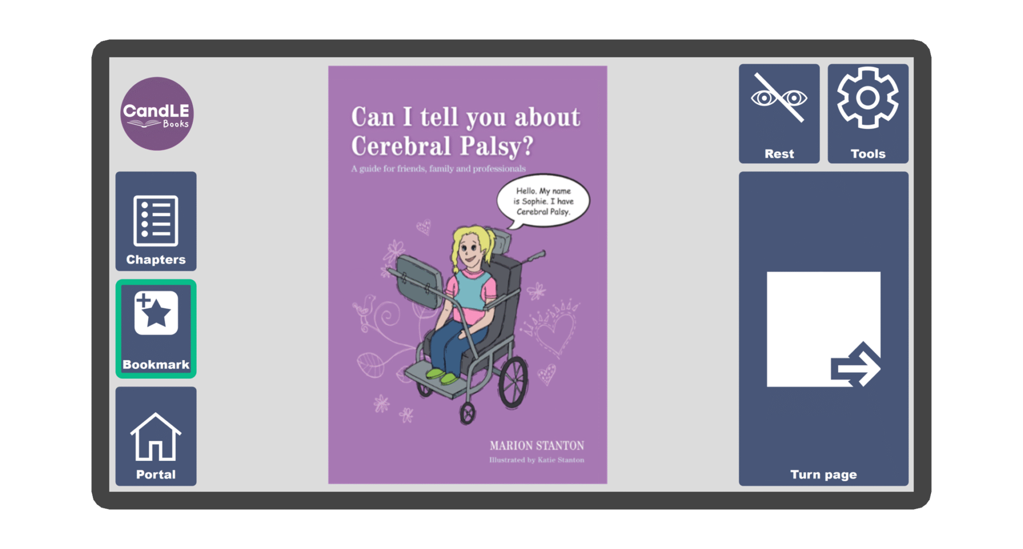 An image of a screen with the front cover of the book Can I tell you about Cerebral Palsy?: A guide for friends, family and professionals in Candle Books software. Around the front cover there are large blue cells saying bookmark, portal, rest, and a large turn page button. The Every Cherry and Candle Books logos are in the top left corner.