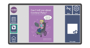 An image of a screen with the front cover of the book Can I tell you about Cerebral Palsy?: A guide for friends, family and professionals in Candle Books software. Around the front cover there are large blue cells saying bookmark, portal, rest, and a large turn page button. The Every Cherry and Candle Books logos are in the top left corner.