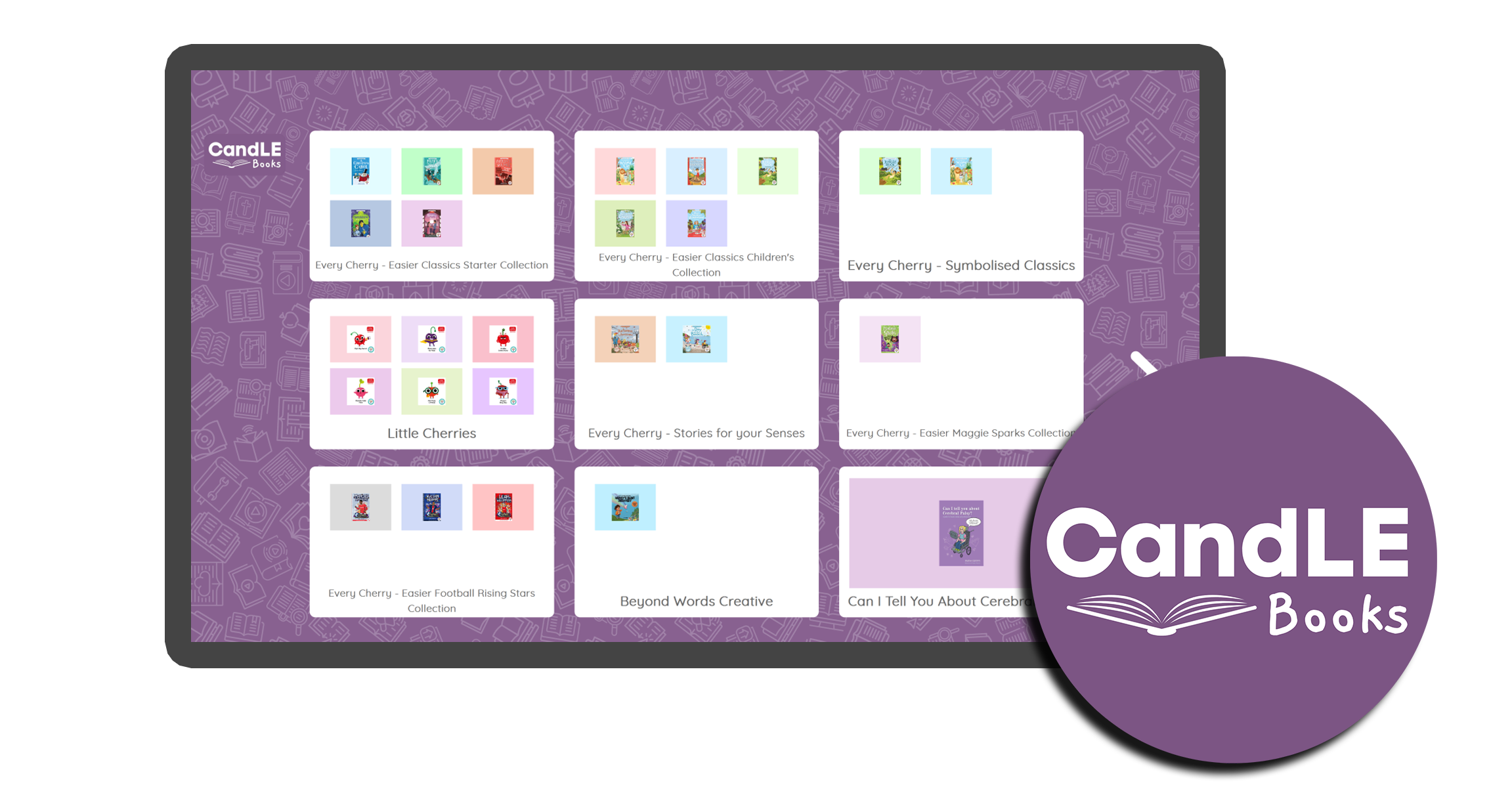 An image of a screen with the load up page of Candle Books software. It has nine square folders with books inside them. There is a Candle Books logo in the bottom right corner.