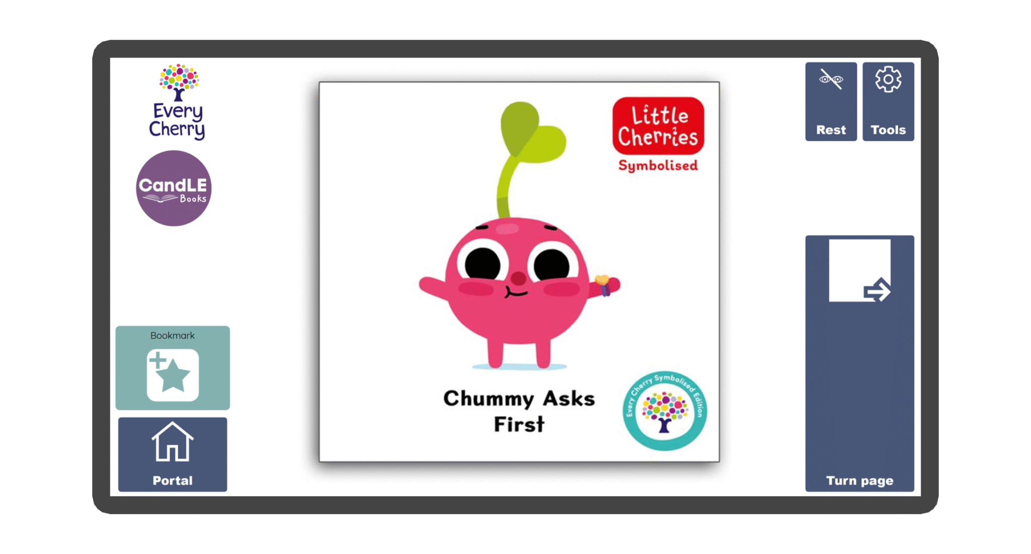 An image of a screen with the front cover of the book Chummy Asks First in Candle Books software. Around the front cover there are large blue cells saying bookmark, portal, rest, and a large turn page button. The Every Cherry and Candle Books logos are in the top left corner.