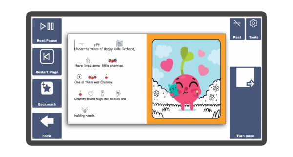 An image of a screen with an inside page spread of the book Chummy Asks First in Candle Books software. Around the pages there are large blue cells saying read/pause, restart page, bookmark, rest, tools, and a large turn page button.