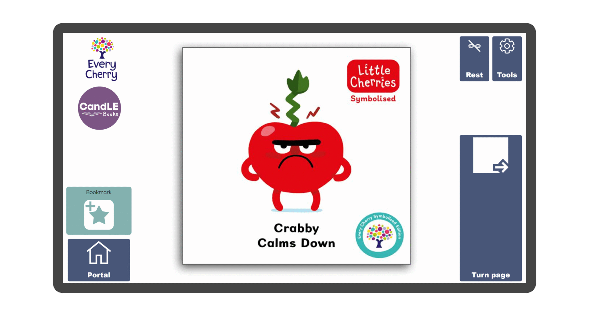 An image of a screen with the front cover of the book Crabby Calms Down in Candle Books software. Around the front cover there are large blue cells saying bookmark, portal, rest, and a large turn page button. The Every Cherry and Candle Books logos are in the top left corner.