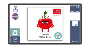 An image of a screen with the front cover of the book Crabby Calms Down in Candle Books software. Around the front cover there are large blue cells saying bookmark, portal, rest, and a large turn page button. The Every Cherry and Candle Books logos are in the top left corner.