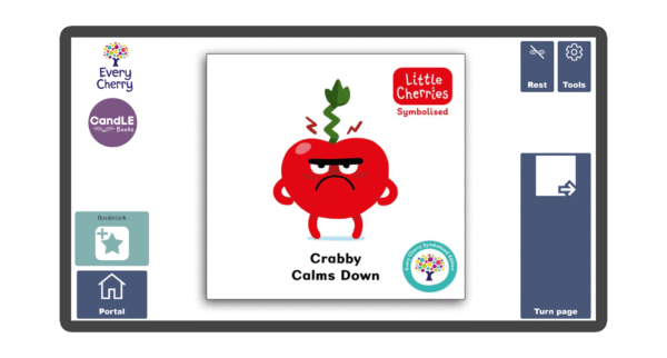 An image of a screen with the front cover of the book Crabby Calms Down in Candle Books software. Around the front cover there are large blue cells saying bookmark, portal, rest, and a large turn page button. The Every Cherry and Candle Books logos are in the top left corner.