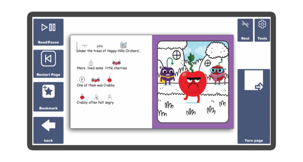 An image of a screen with an inside page spread of the book Crabby Calms Down in Candle Books software. Around the pages there are large blue cells saying read/pause, restart page, bookmark, rest, tools, and a large turn page button.