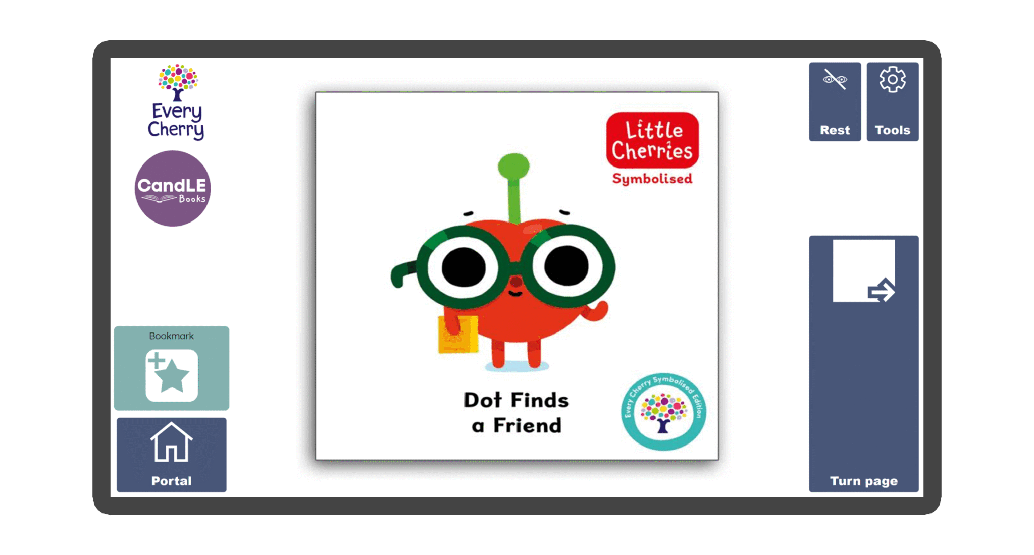 An image of a screen with the front cover of the book Dot Finds a Friend in Candle Books software. Around the front cover there are large blue cells saying bookmark, portal, rest, and a large turn page button. The Every Cherry and Candle Books logos are in the top left corner.