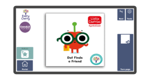 An image of a screen with the front cover of the book Dot Finds a Friend in Candle Books software. Around the front cover there are large blue cells saying bookmark, portal, rest, and a large turn page button. The Every Cherry and Candle Books logos are in the top left corner.