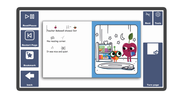 An image of a screen with an inside page spread of the book Dot Finds a Friend in Candle Books software. Around the pages there are large blue cells saying read/pause, restart page, bookmark, rest, tools, and a large turn page button.