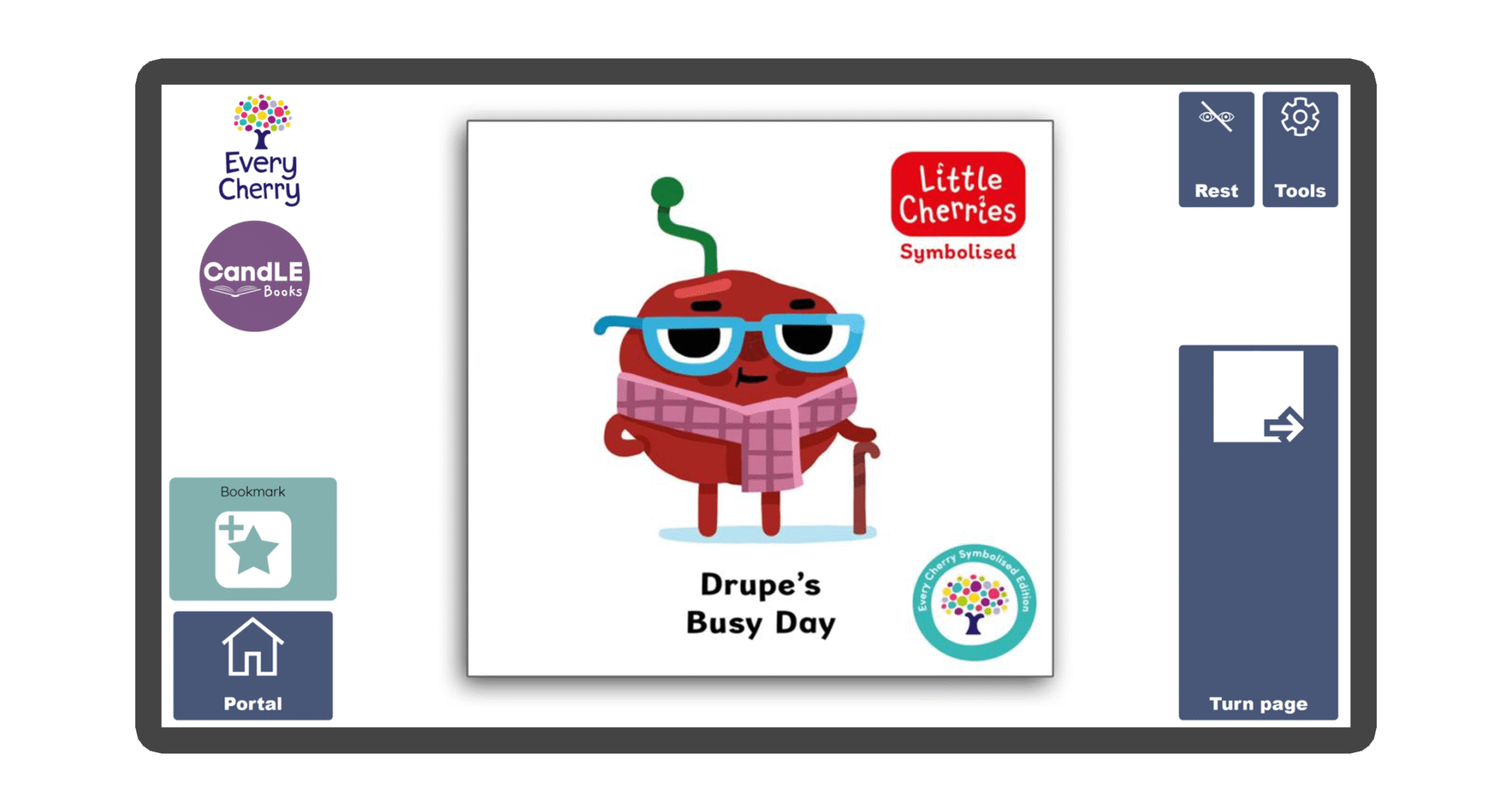 An image of a screen with the front cover of the book Drupe's Busy Day in Candle Books software. Around the front cover there are large blue cells saying bookmark, portal, rest, and a large turn page button. The Every Cherry and Candle Books logos are in the top left corner.