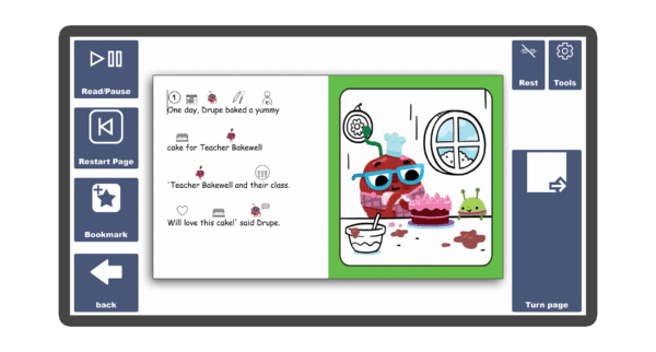 An image of a screen with an inside page spread of the book Drupe's Busy Day in Candle Books software. Around the pages there are large blue cells saying read/pause, restart page, bookmark, rest, tools, and a large turn page button.