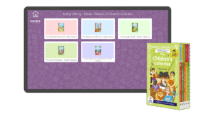 An image of a screen with the load up page of assistive technology version of Easier Classics Reading Library: The Children's Collection in Candle Books software. In the bottom right is an image of the physical version of this box set.