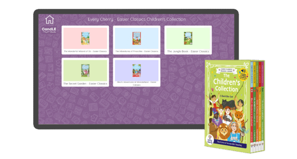 An image of a screen with the load up page of assistive technology version of Easier Classics Reading Library: The Children's Collection in Candle Books software. In the bottom right is an image of the physical version of this box set.