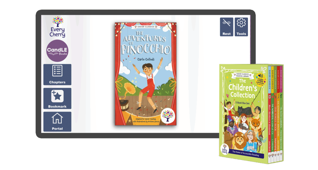 An image of a screen with the The Adventures of Pinocchio book cover on it from the assistive technology version in Easier Classics Reading Library: The Children's Collection in Candle Books software. In the bottom right is an image of the physical version of this box set.
