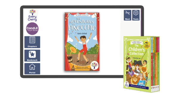 An image of a screen with the The Adventures of Pinocchio book cover on it from the assistive technology version in Easier Classics Reading Library: The Children's Collection in Candle Books software. In the bottom right is an image of the physical version of this box set.