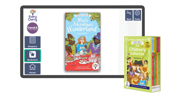 An image of a screen with the Alice's Adventures in Wonderland book cover on it from the assistive technology version in Easier Classics Reading Library: The Children's Collection in Candle Books software. In the bottom right is an image of the physical version of this box set.