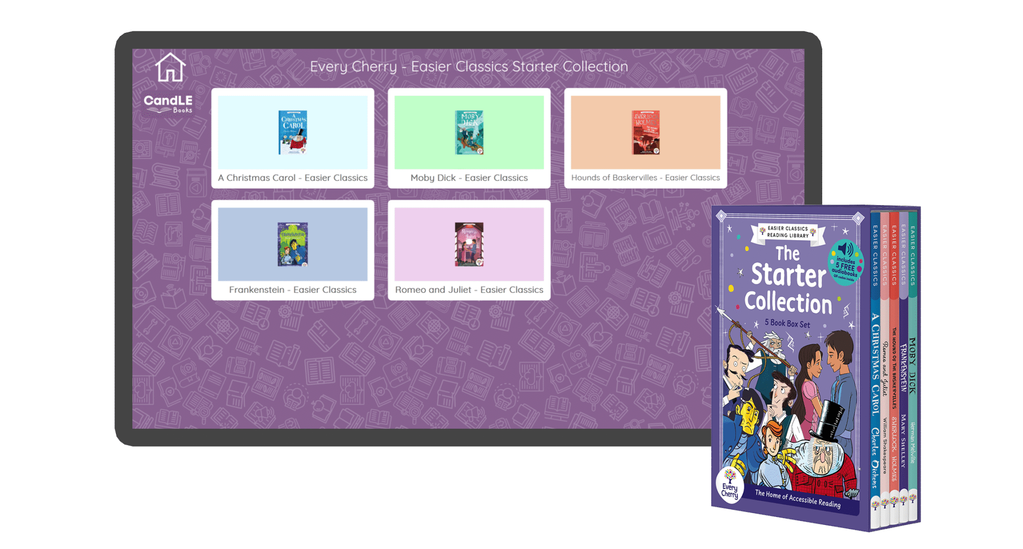 An image of a screen with the load up page of assistive technology version of Easier Classics Reading Library: The Starter Collection in Candle Books software. In the bottom right is an image of the physical version of this box set.