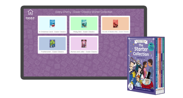 An image of a screen with the load up page of assistive technology version of Easier Classics Reading Library: The Starter Collection in Candle Books software. In the bottom right is an image of the physical version of this box set.