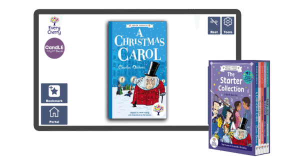 An image of a screen with the A Christmas Carol cover on it from the assistive technology version in Easier Classics Reading Library: The Starter Collection in Candle Books software. In the bottom right is an image of the physical version of this box set.