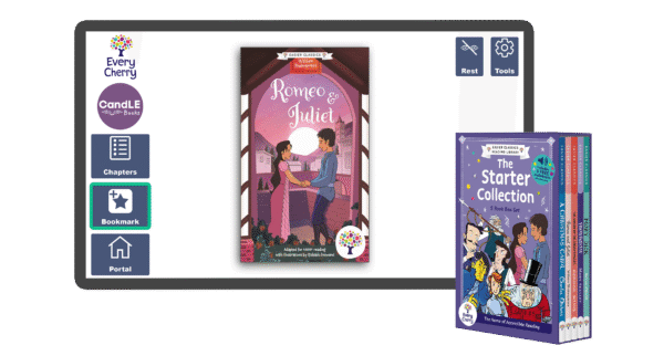 An image of a screen with the Romeo and Juliet cover on it from the assistive technology version in Easier Classics Reading Library: The Starter Collection in Candle Books software. In the bottom right is an image of the physical version of this box set.