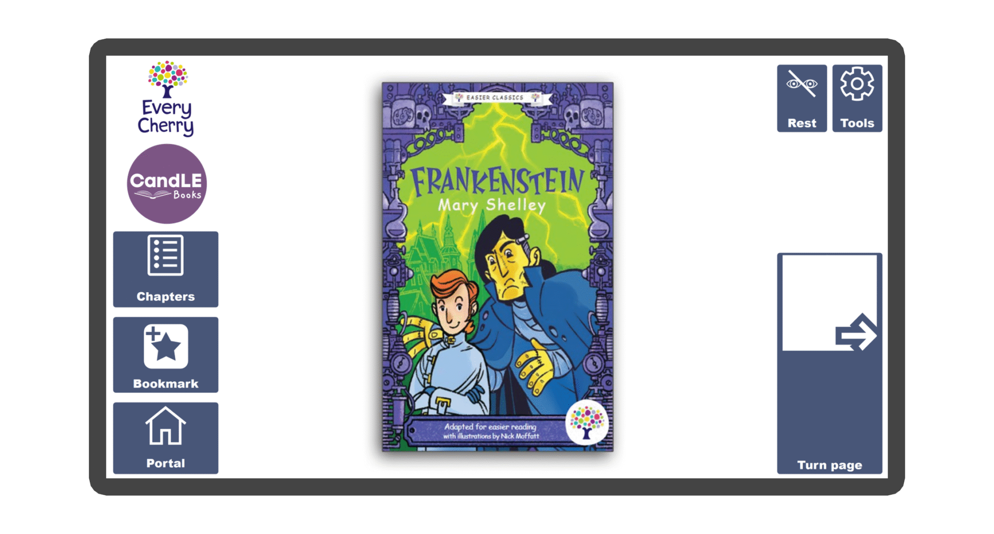 An image of a screen with the front cover of the book Frankenstein in Candle Books software. Around the front cover there are large blue cells saying bookmark, portal, rest, and a large turn page button. The Every Cherry and Candle Books logos are in the top left corner.