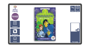 An image of a screen with the front cover of the book Frankenstein in Candle Books software. Around the front cover there are large blue cells saying bookmark, portal, rest, and a large turn page button. The Every Cherry and Candle Books logos are in the top left corner.