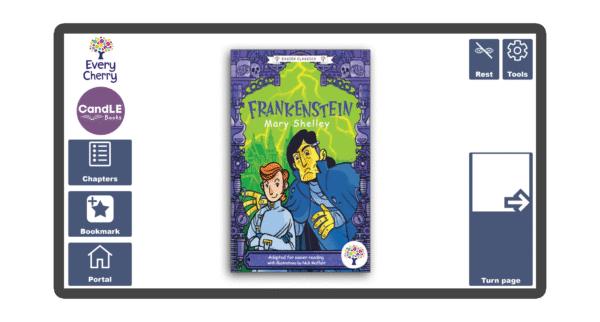 An image of a screen with the front cover of the book Frankenstein in Candle Books software. Around the front cover there are large blue cells saying bookmark, portal, rest, and a large turn page button. The Every Cherry and Candle Books logos are in the top left corner.