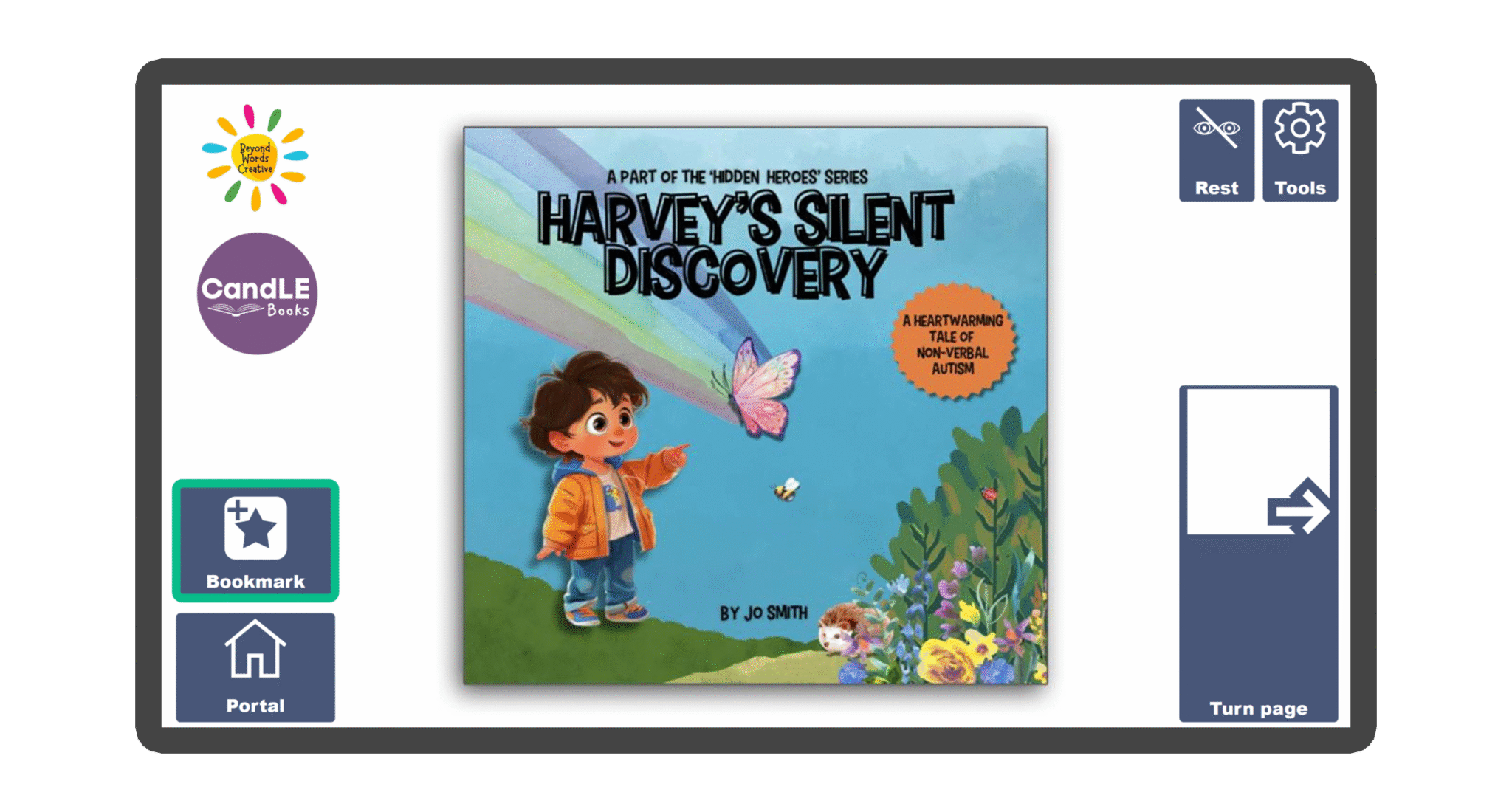 An image of a screen with the front cover of the book Harvey's Silent Discovery in Candle Books software. Around the front cover there are large blue cells saying bookmark, portal, rest, and a large turn page button. The Every Cherry and Candle Books logos are in the top left corner.