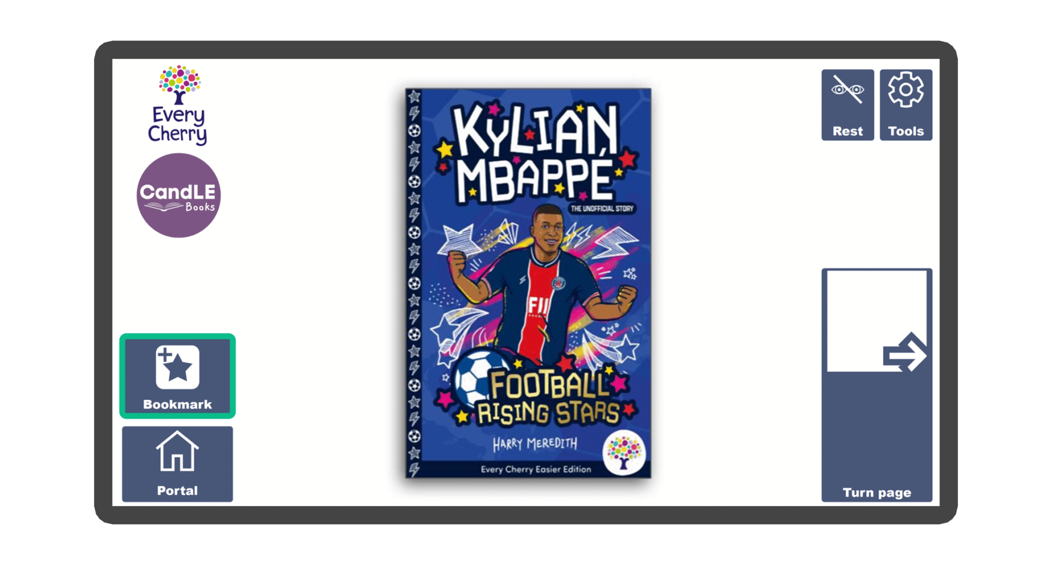 An image of a screen with the front cover of the book Kylian Mbappé: Easier Football Rising Stars in Candle Books software. Around the front cover there are large blue cells saying bookmark, portal, rest, and a large turn page button. The Every Cherry and Candle Books logos are in the top left corner.
