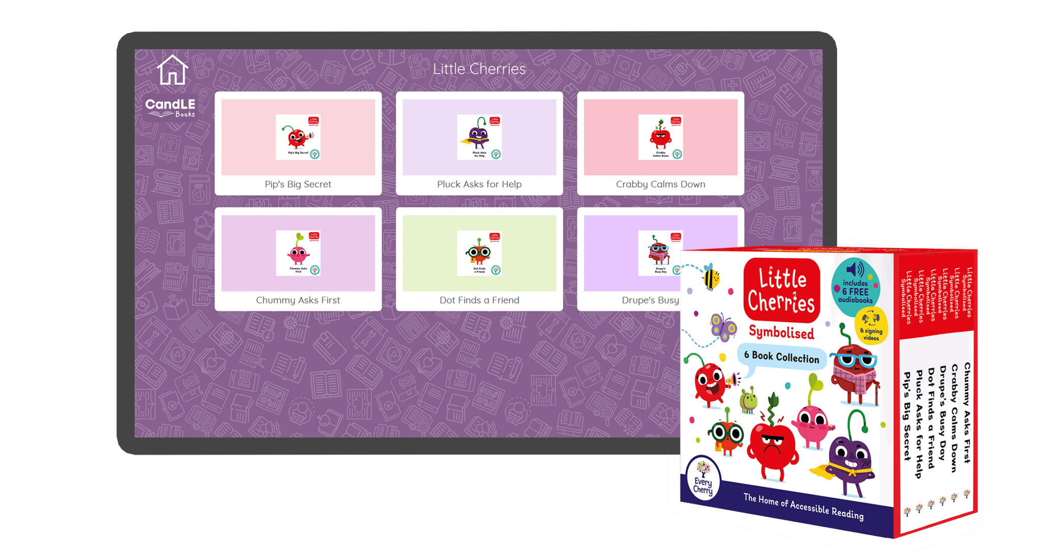 An image of a screen with the load up page of assistive technology version of The Symbolised Little Cherries: 6-Book Collection (Box Set 1) in Candle Books software. In the bottom right is an image of the physical version of this box set.