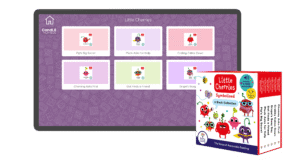 An image of a screen with the load up page of assistive technology version of The Symbolised Little Cherries: 6-Book Collection (Box Set 1) in Candle Books software. In the bottom right is an image of the physical version of this box set.