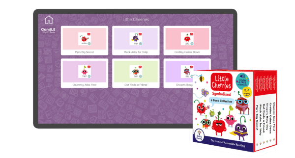 An image of a screen with the load up page of assistive technology version of The Symbolised Little Cherries: 6-Book Collection (Box Set 1) in Candle Books software. In the bottom right is an image of the physical version of this box set.