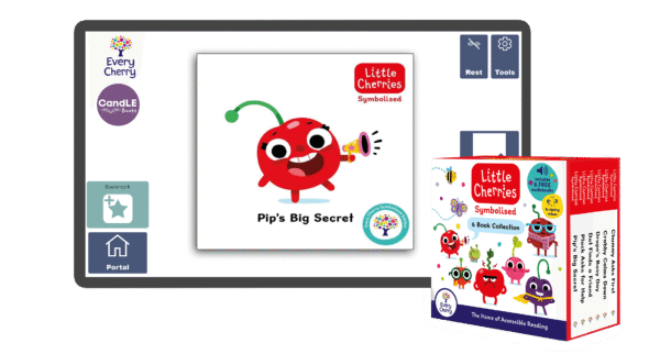 An image of a screen with the Pip's Big Score! cover on it from the assistive technology version in The Symbolised Little Cherries: 6-Book Collection (Box Set 1) in Candle Books software. In the bottom right is an image of the physical version of this box set.