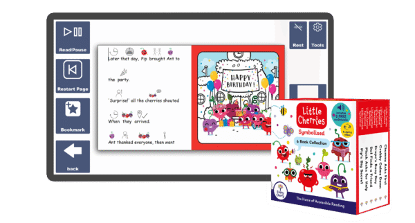 An image of a screen double page spread taken from The Symbolised Little Cherries: 6-Book Collection (Box Set 1) in Candle Books software. In the bottom right is an image of the physical version of this box set.