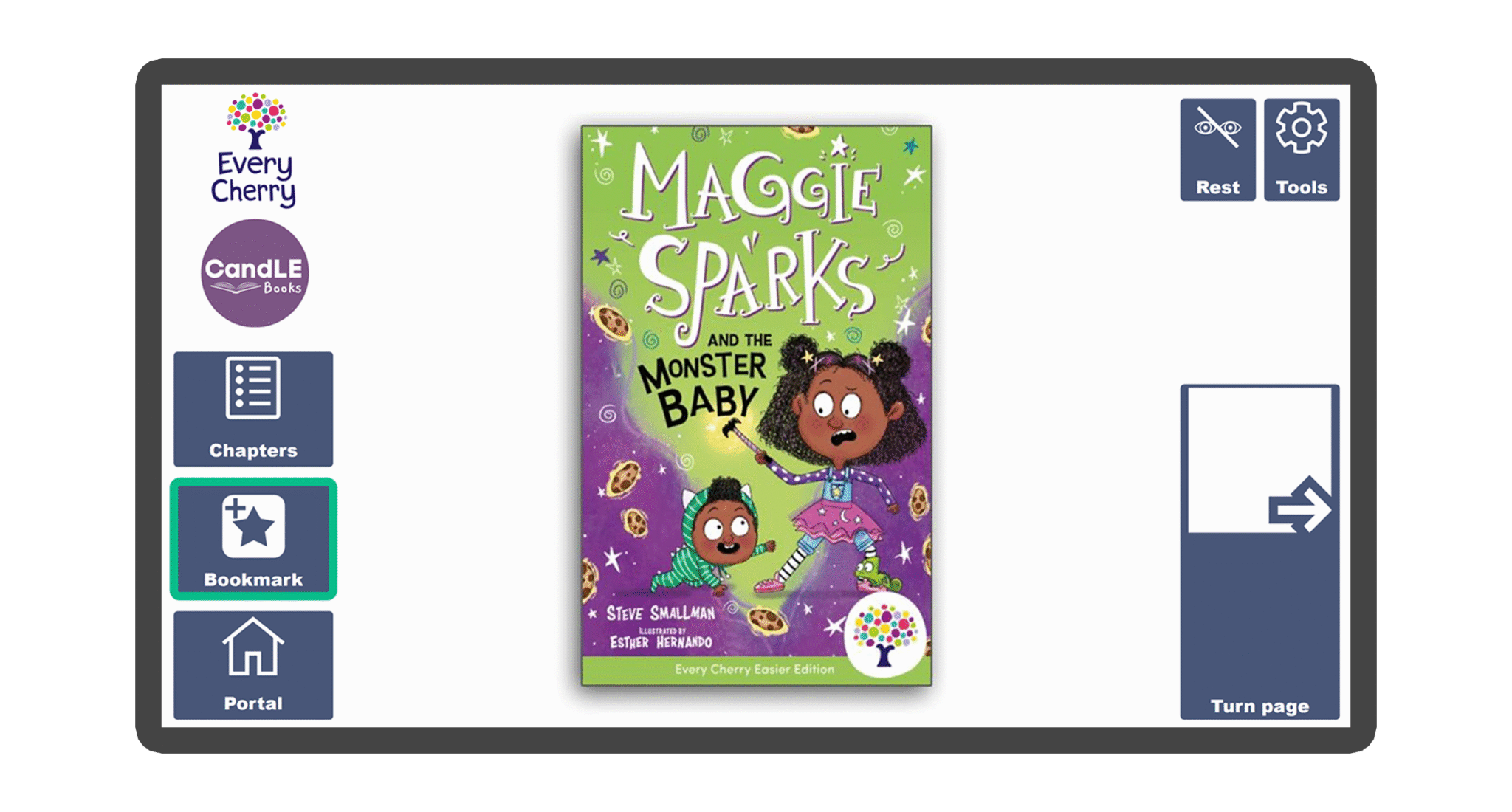 An image of a screen with the front cover of the book Maggie Sparks and the Monster Baby: Accessible Easier Edition in Candle Books software. Around the front cover there are large blue cells saying bookmark, portal, rest, and a large turn page button. The Every Cherry and Candle Books logos are in the top left corner.