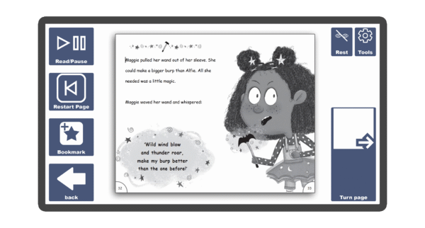 An image of a screen with an inside page spread of the book Maggie Sparks and the Monster Baby: Accessible Easier Edition in Candle Books software. Around the pages there are large blue cells saying read/pause, restart page, bookmark, rest, tools, and a large turn page button.