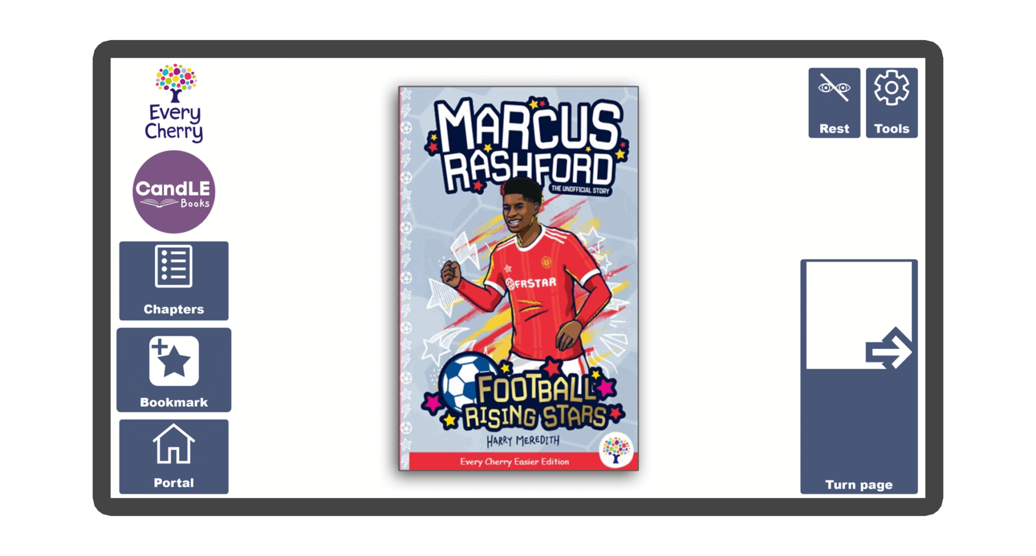 An image of a screen with the front cover of the book Marcus Rashford: Easier Football Rising Stars in Candle Books software. Around the front cover there are large blue cells saying bookmark, portal, rest, and a large turn page button. The Every Cherry and Candle Books logos are in the top left corner.