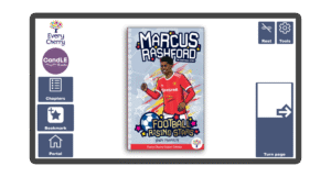 An image of a screen with the front cover of the book Marcus Rashford: Easier Football Rising Stars in Candle Books software. Around the front cover there are large blue cells saying bookmark, portal, rest, and a large turn page button. The Every Cherry and Candle Books logos are in the top left corner.