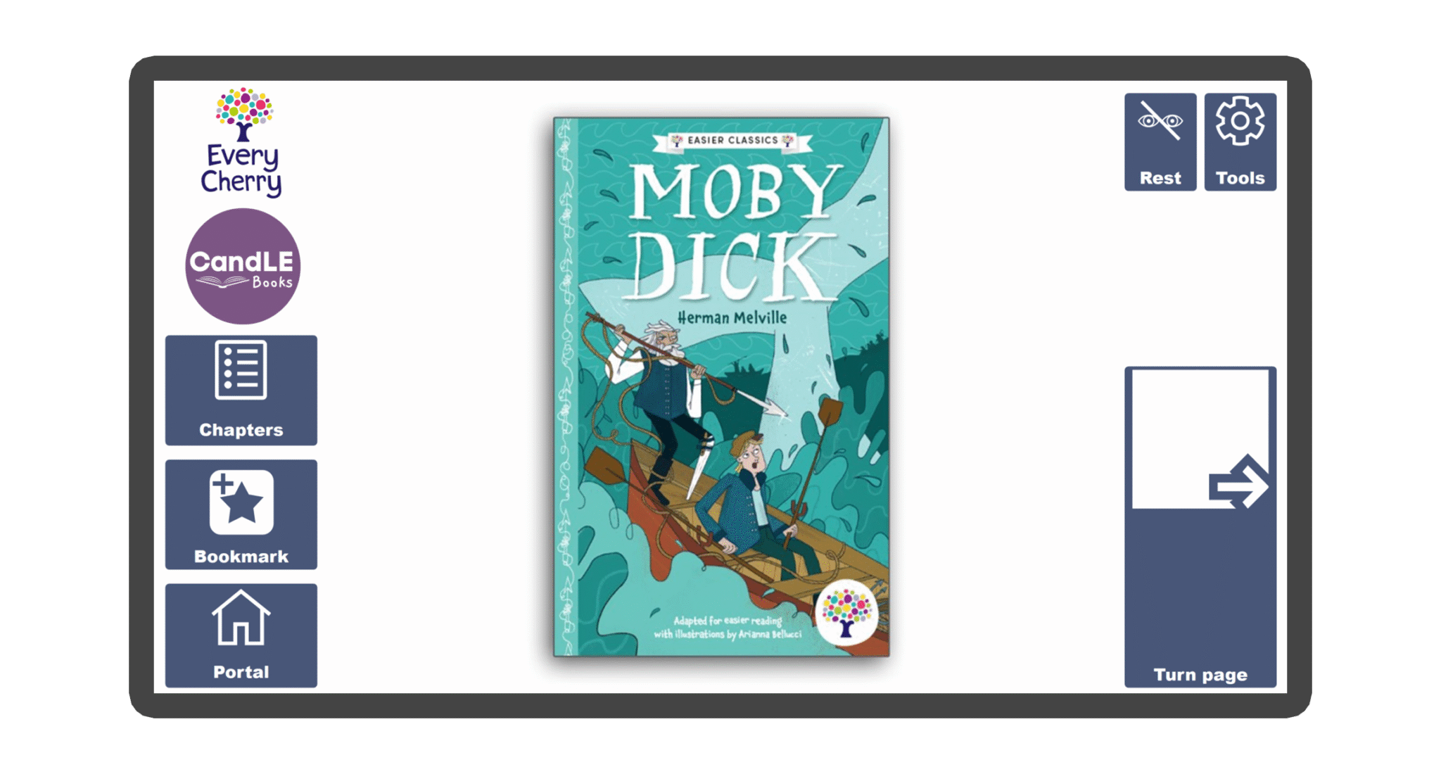 An image of a screen with the front cover of the book Moby Dick in Candle Books software. Around the front cover there are large blue cells saying bookmark, portal, rest, and a large turn page button. The Every Cherry and Candle Books logos are in the top left corner.