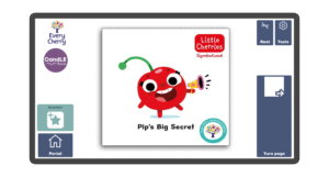 An image of a screen with the front cover of the book Pip's Big Secret in Candle Books software. Around the front cover there are large blue cells saying bookmark, portal, rest, and a large turn page button. The Every Cherry and Candle Books logos are in the top left corner.