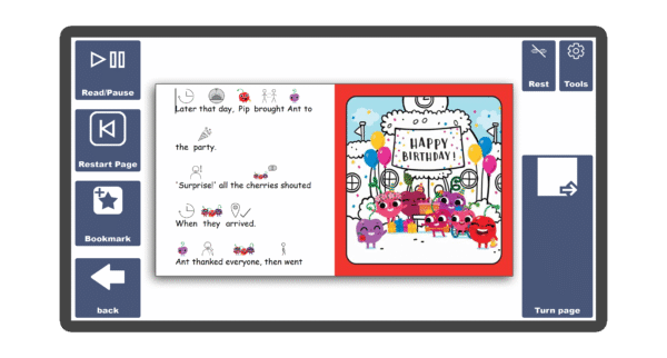 An image of a screen with an inside page spread of the book Pip's Big Secret in Candle Books software. Around the pages there are large blue cells saying read/pause, restart page, bookmark, rest, tools, and a large turn page button.