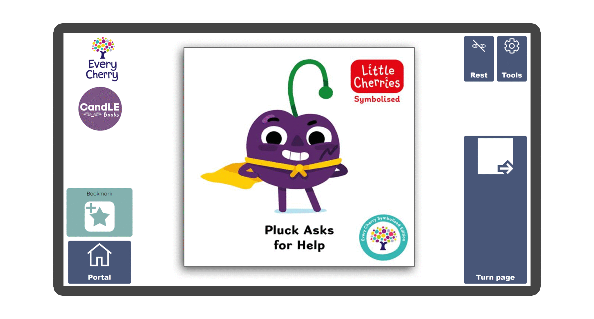 An image of a screen with the front cover of the book Pluck Asks for Help in Candle Books software. Around the front cover there are large blue cells saying bookmark, portal, rest, and a large turn page button. The Every Cherry and Candle Books logos are in the top left corner.