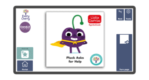 An image of a screen with the front cover of the book Pluck Asks for Help in Candle Books software. Around the front cover there are large blue cells saying bookmark, portal, rest, and a large turn page button. The Every Cherry and Candle Books logos are in the top left corner.