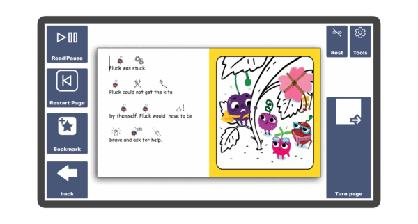An image of a screen with an inside page spread of the book Pluck Asks for Help in Candle Books software. Around the pages there are large blue cells saying read/pause, restart page, bookmark, rest, tools, and a large turn page button.