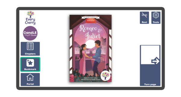 An image of a screen with the front cover of the book Romeo and Juliet in Candle Books software. Around the front cover there are large blue cells saying bookmark, portal, rest, and a large turn page button. The Every Cherry and Candle Books logos are in the top left corner.
