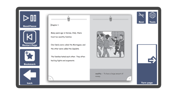 An image of a screen with an inside page spread of the book Romeo and Juliet in Candle Books software. Around the pages there are large blue cells saying read/pause, restart page, bookmark, rest, tools, and a large turn page button.