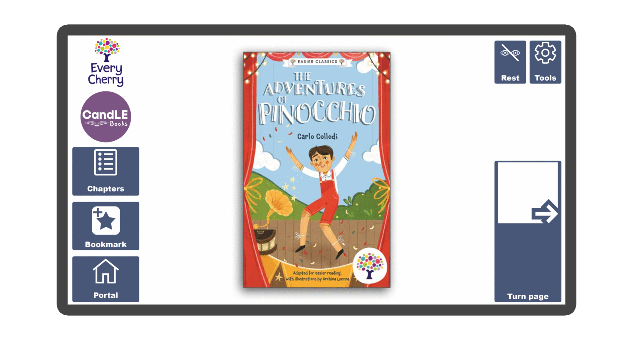An image of a screen with the front cover of the book The Adventures of Pinocchio in Candle Books software. Around the front cover there are large blue cells saying bookmark, portal, rest, and a large turn page button. The Every Cherry and Candle Books logos are in the top left corner.