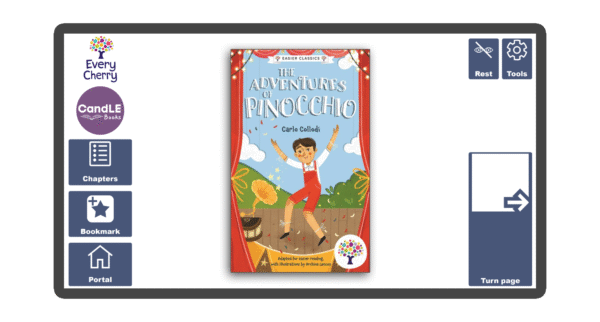 An image of a screen with the front cover of the book The Adventures of Pinocchio in Candle Books software. Around the front cover there are large blue cells saying bookmark, portal, rest, and a large turn page button. The Every Cherry and Candle Books logos are in the top left corner.