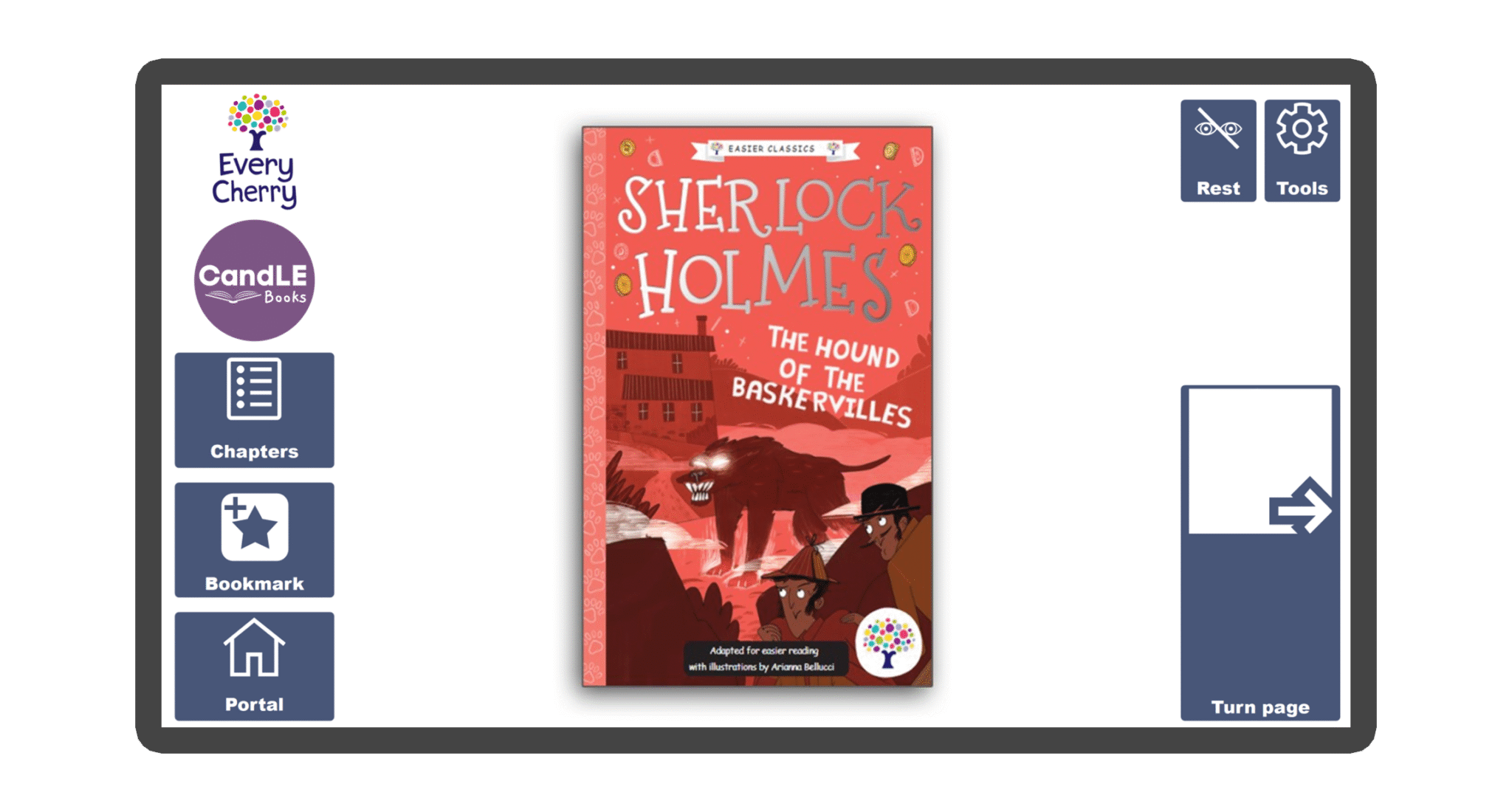 An image of a screen with the front cover of the book Sherlock Holmes: The Hound of Baskervilles in Candle Books software. Around the front cover there are large blue cells saying bookmark, portal, rest, and a large turn page button. The Every Cherry and Candle Books logos are in the top left corner.