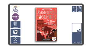 An image of a screen with the front cover of the book Sherlock Holmes: The Hound of Baskervilles in Candle Books software. Around the front cover there are large blue cells saying bookmark, portal, rest, and a large turn page button. The Every Cherry and Candle Books logos are in the top left corner.